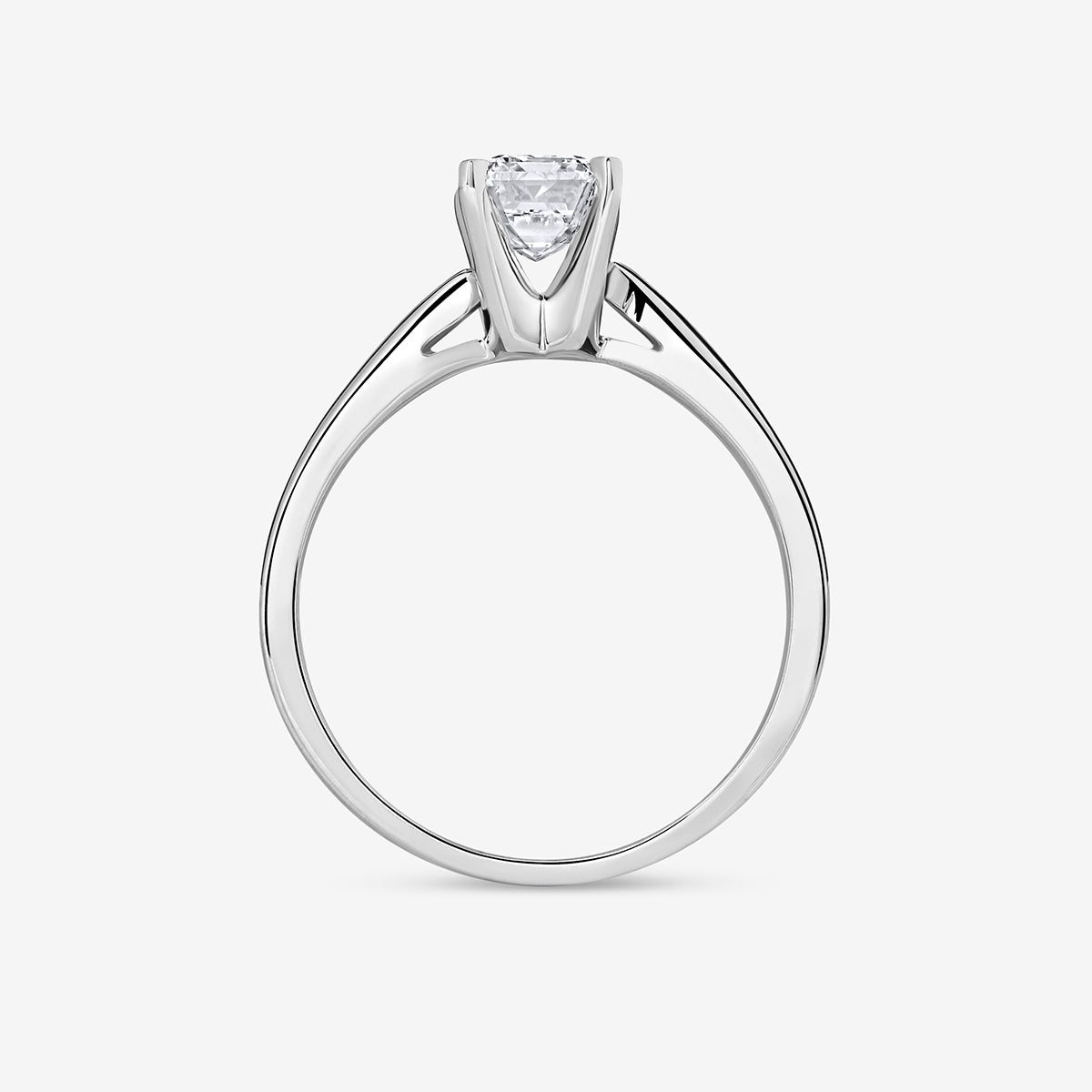 Side view of Keemti Jewels MINIMAL Emerald Solitaire RING with a prong-set center stone on white background.