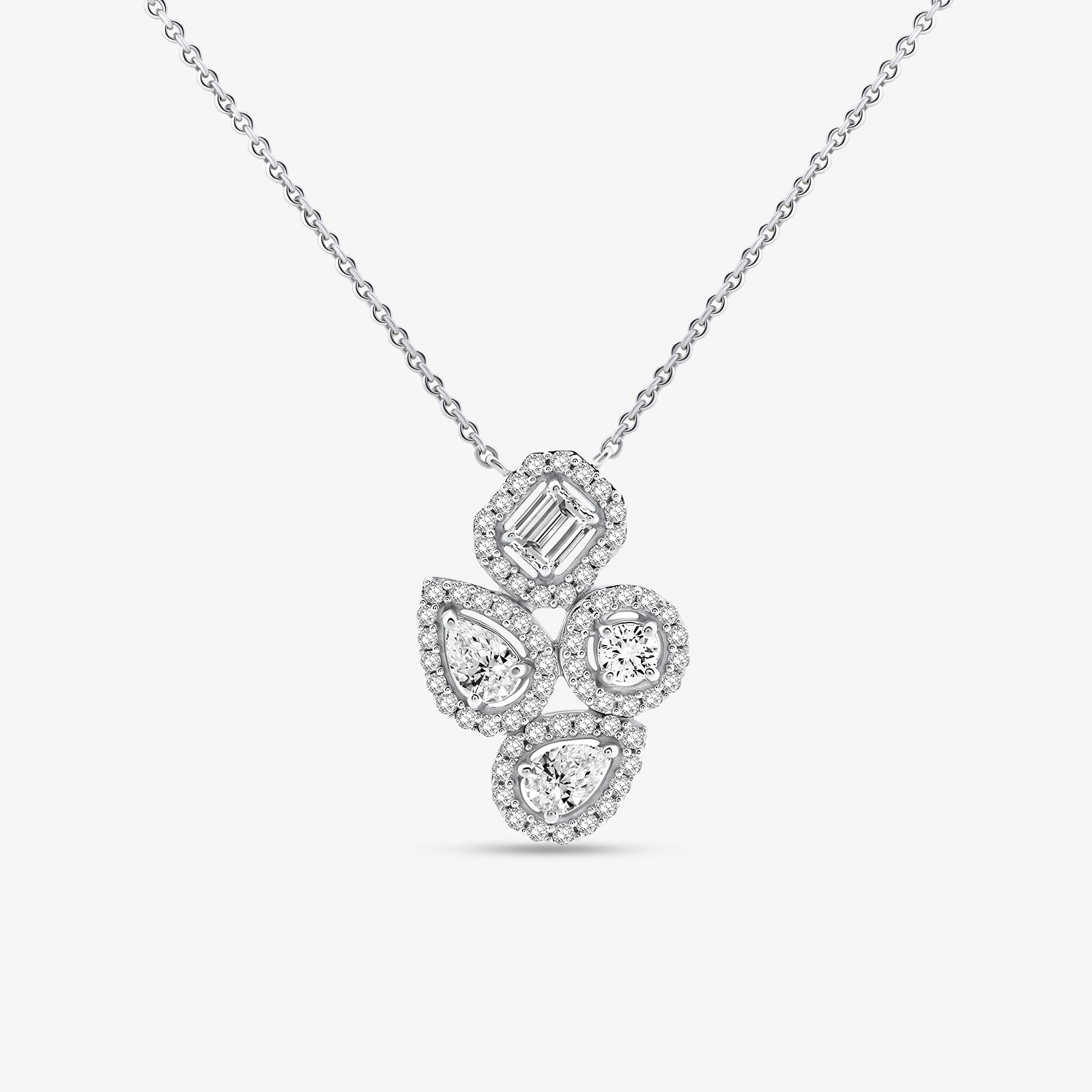 PRISM Bloom necklet: four clustered gem shapes on silver-toned chain