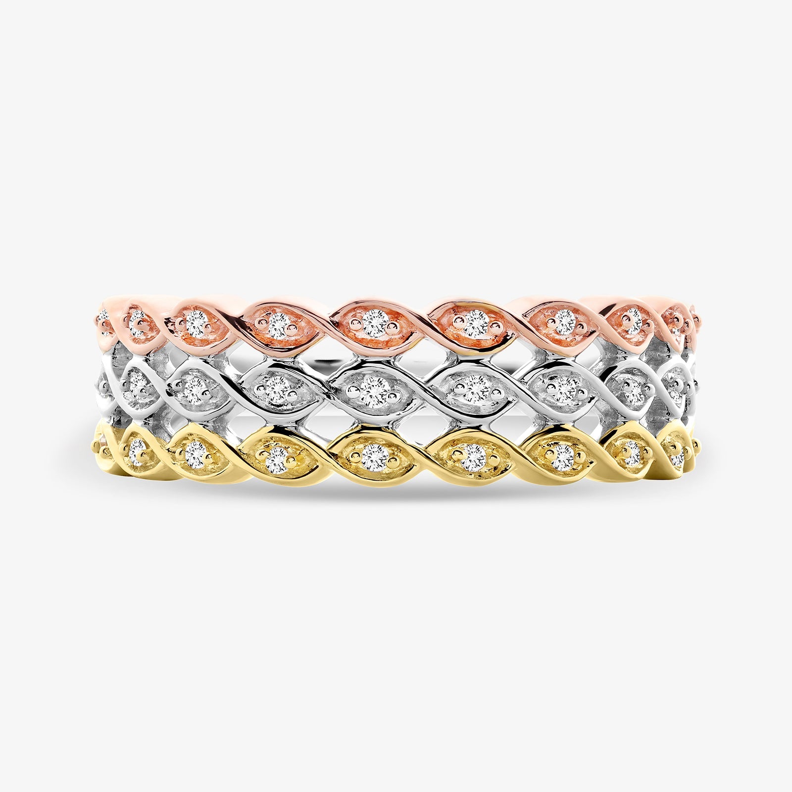 Braid Diamond ring, three-tone metal rows with round pavé diamonds, 0.75 ct