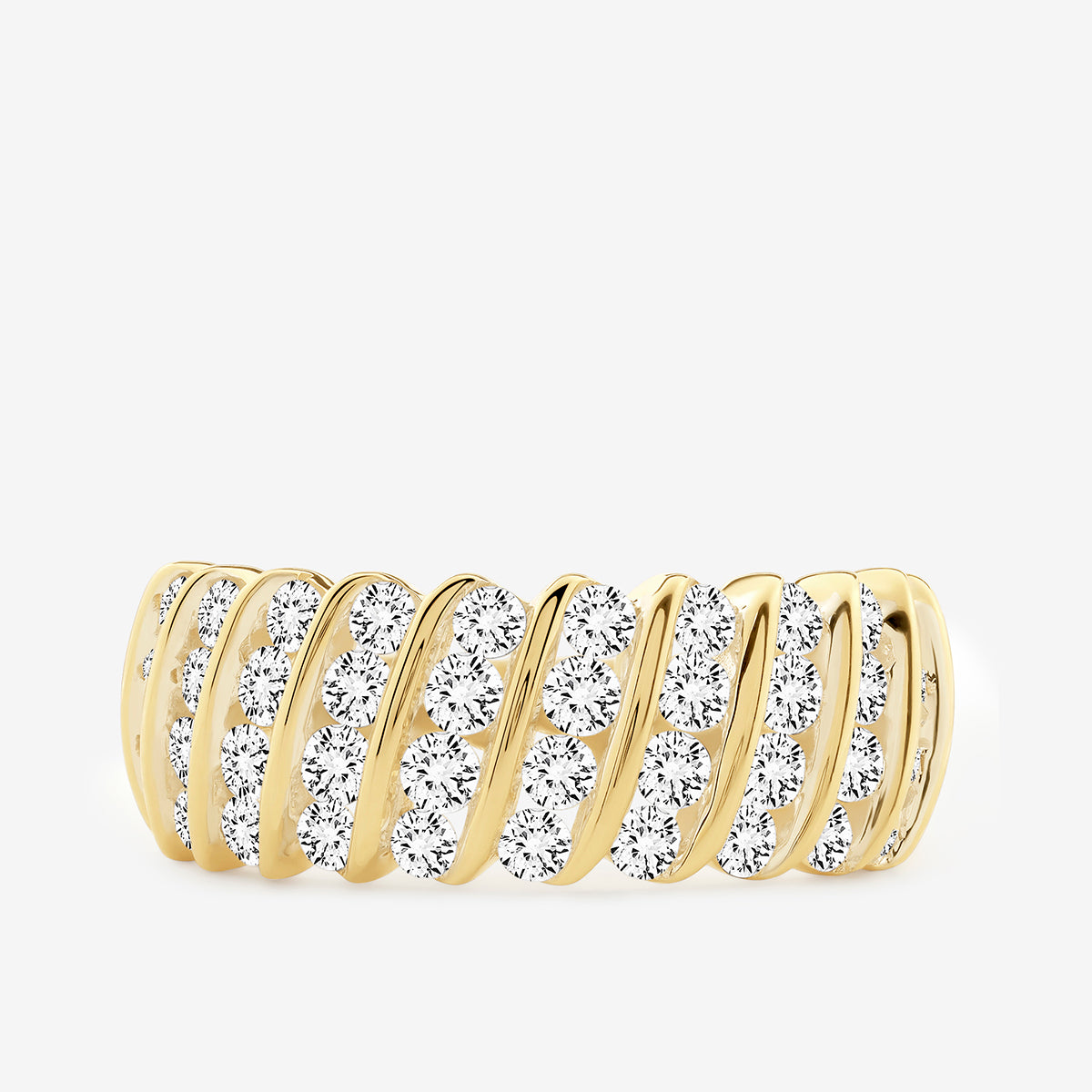 Eternity spiral ring with gold band and round white stones in repeating arc pattern