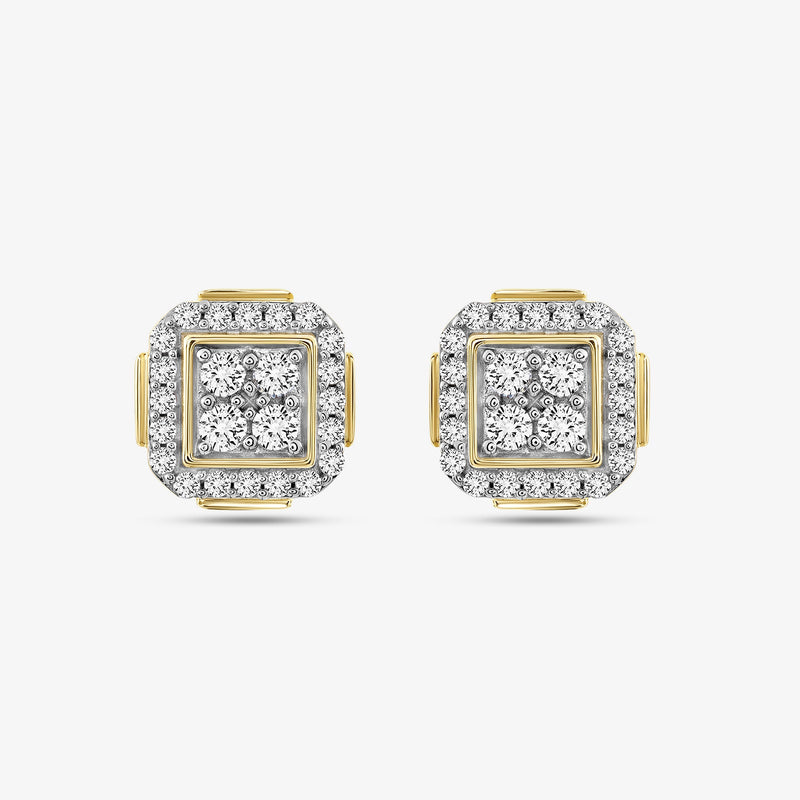 Square halo diamond stud earrings with gold-tone frame and pavé border, 0.75 ct