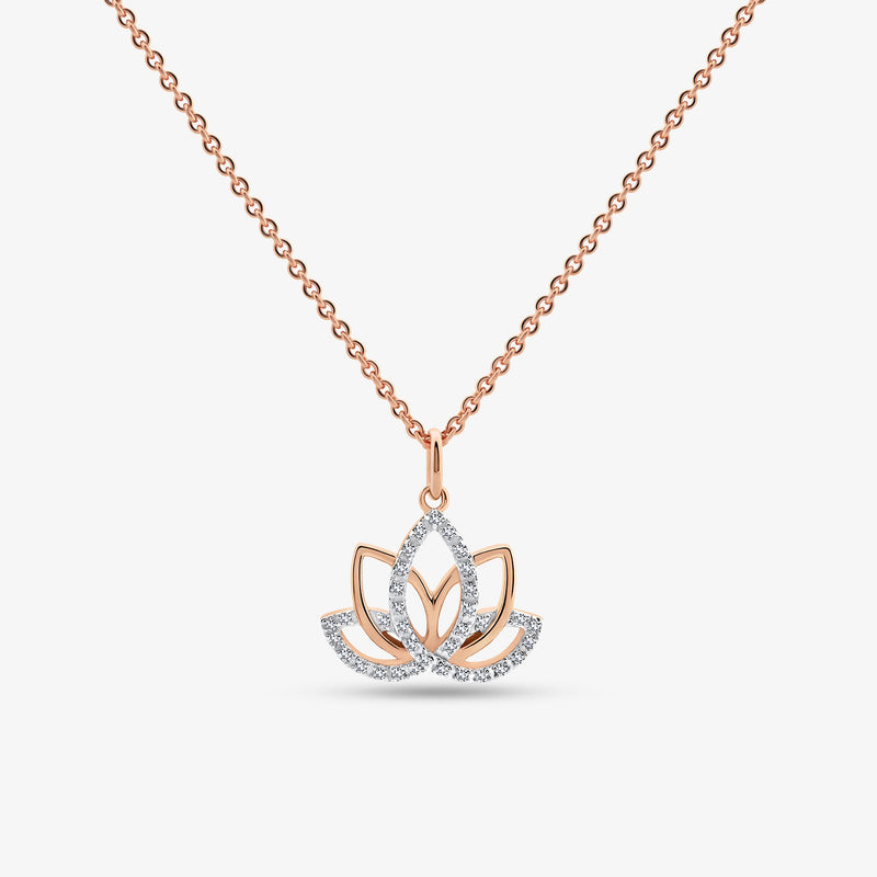 Rose-gold chain with lotus pendant featuring pavé crystal edges and center detail