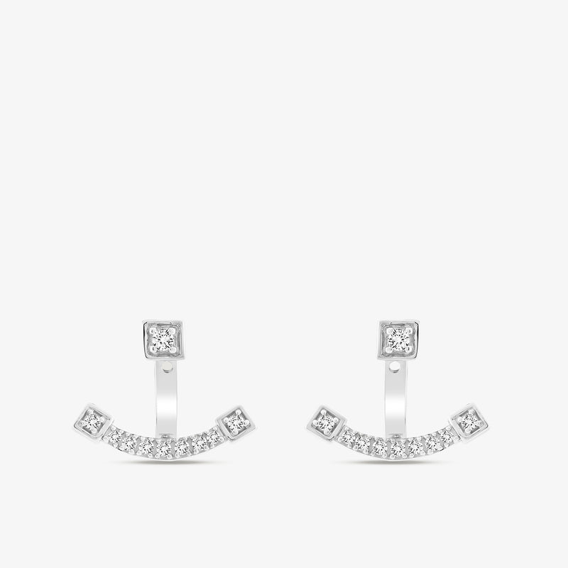Keemti Jewels ELEGANZA Ear JACKETS: Silver-tone geometric earrings with clear gemstones in an arc silhouette.