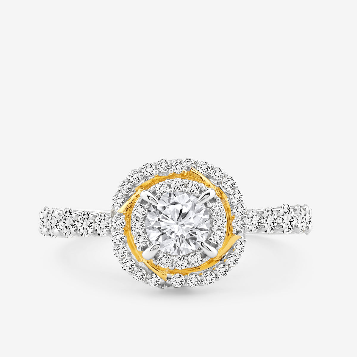 Keemti Jewels DOUBLE Halo Promise RING features a round center diamond, gold accents, and a diamond-studded double halo.