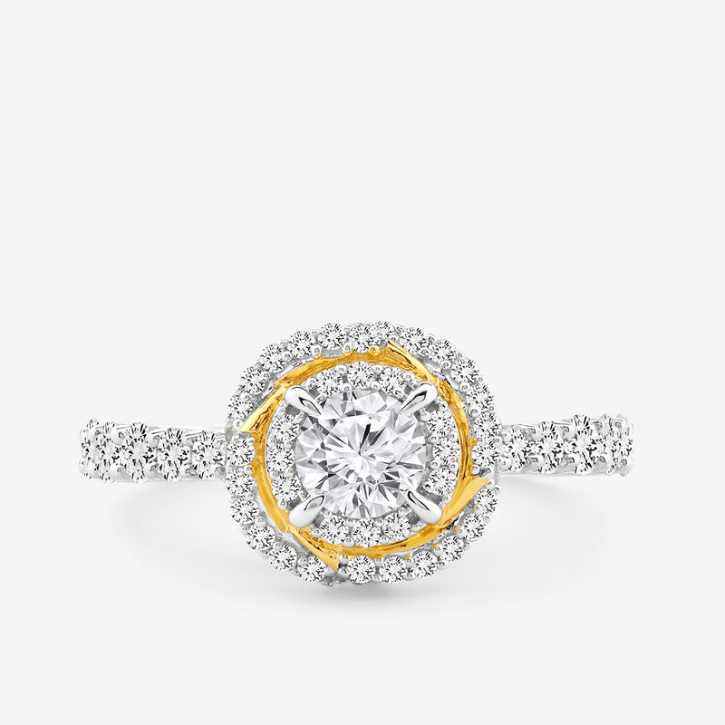 Keemti Jewels DOUBLE Halo Promise RING features a round center diamond, gold accents, and a diamond-studded double halo.