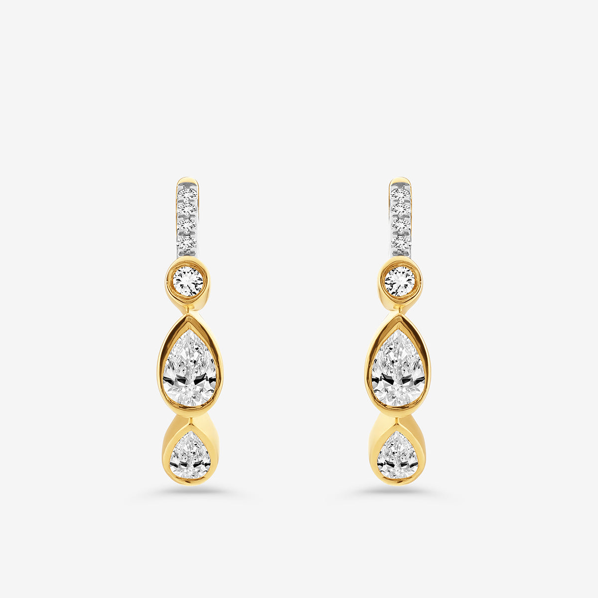 14Kt yellow gold diamond hoop earrings with pear and round stones