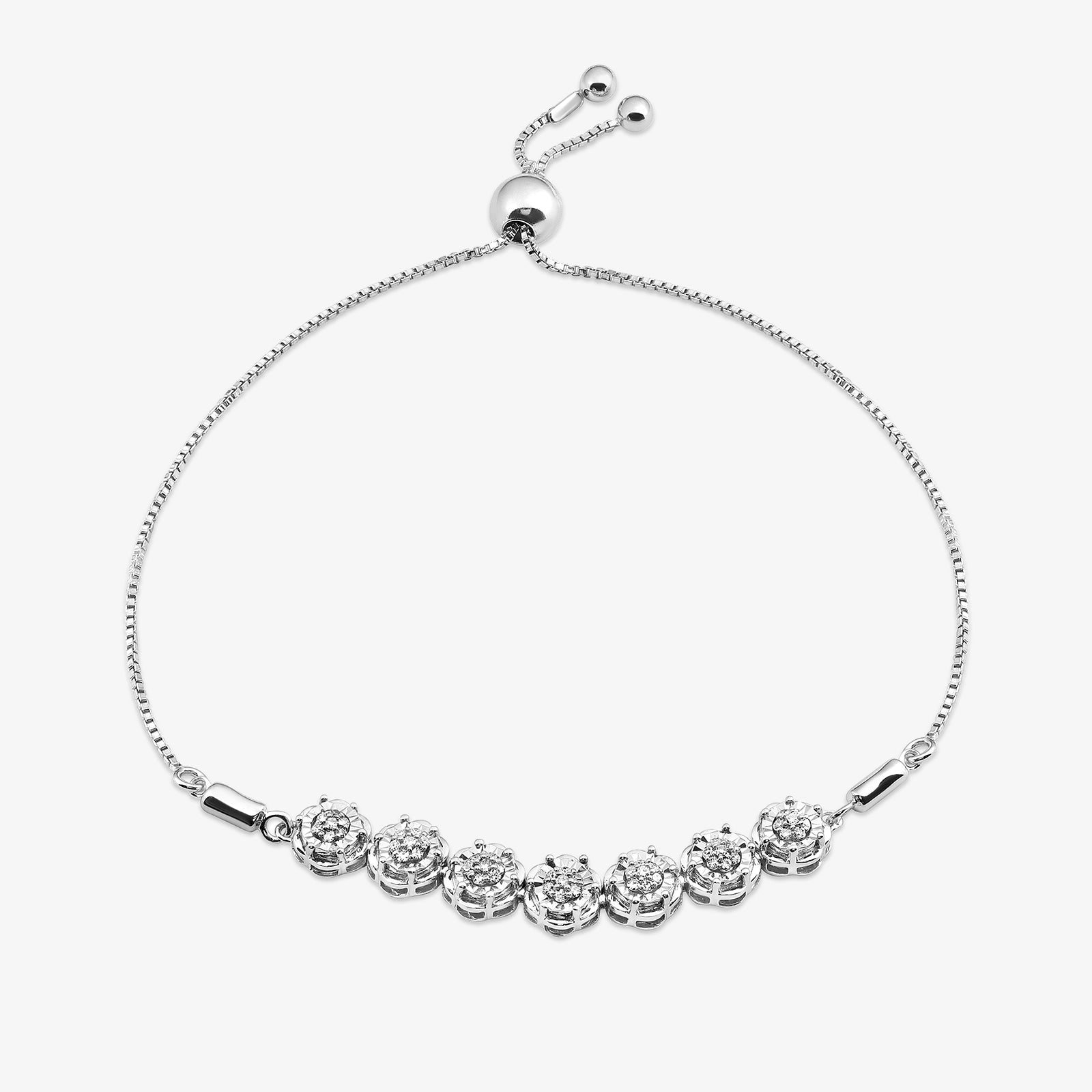 Silver-tone bolo bracelet with round crystal links and central sphere