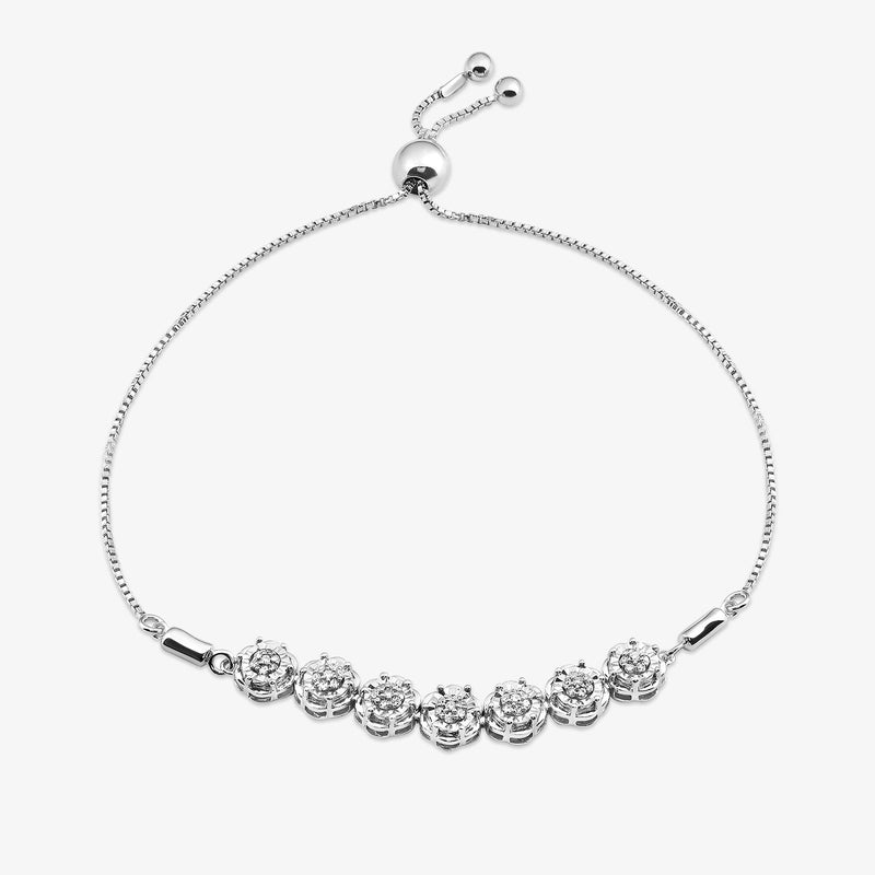 Silver-tone bolo bracelet with round crystal links and central sphere