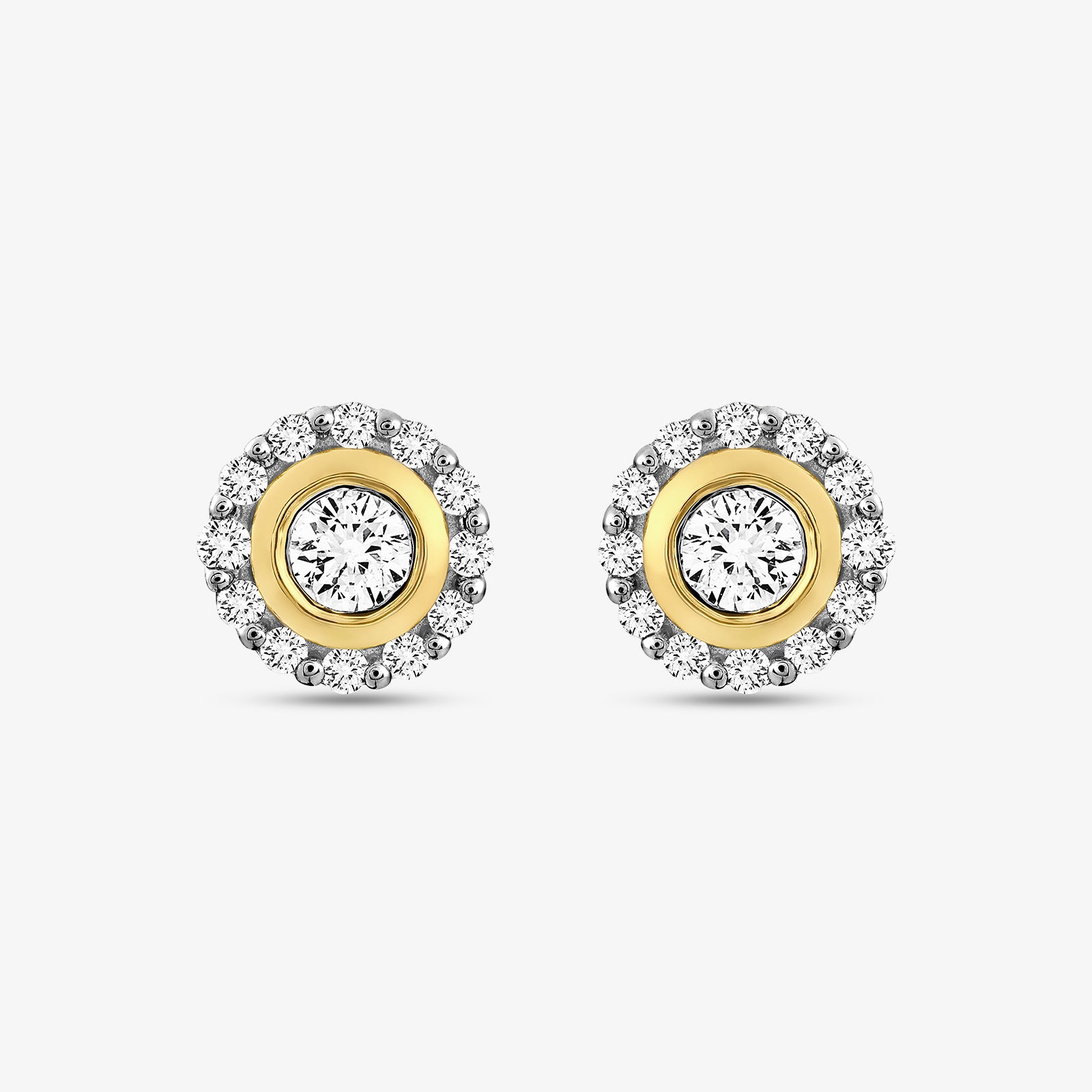 Keemti Jewels petite stud earrings: gold round center, silver halo with small stones