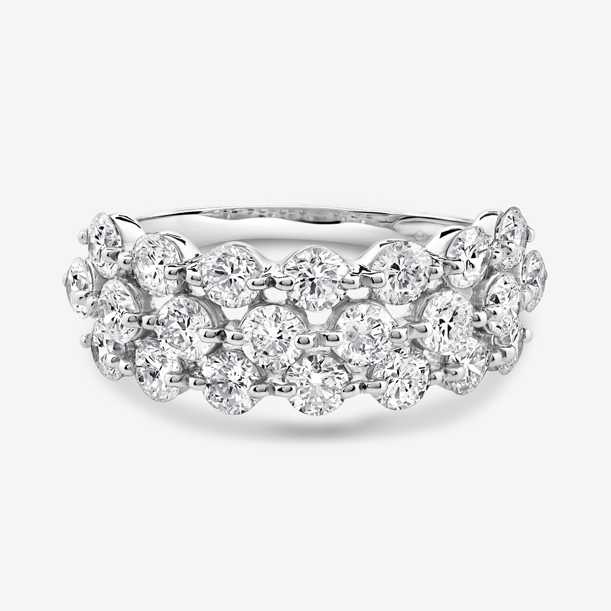 The Keemti Jewels RADIANT Bloom Mesh BAND features three rows of round, sparkling diamonds in a romantic silver design.