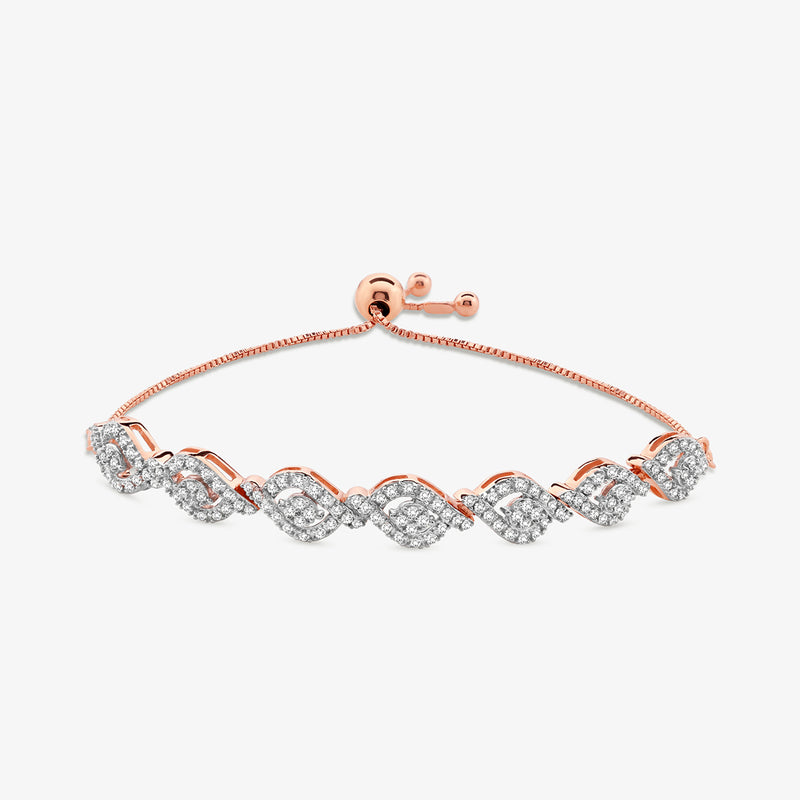 Keemti Jewels ADJUSTABLE Swirl Link BRACELET in rose gold with diamond clusters and sliding clasp on white background.
