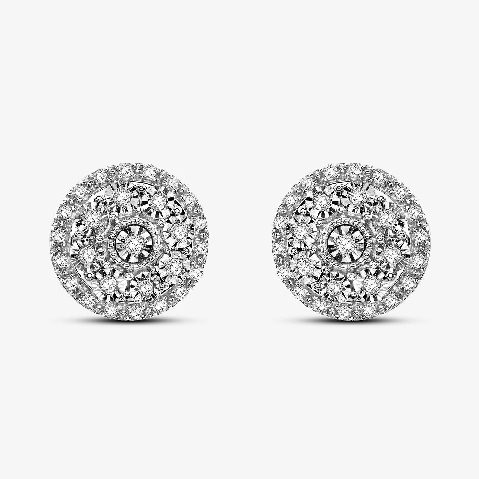 Bloom Stud Ohrringe, silberfarbene runde Fassung mit vielen funkelnden Steinen