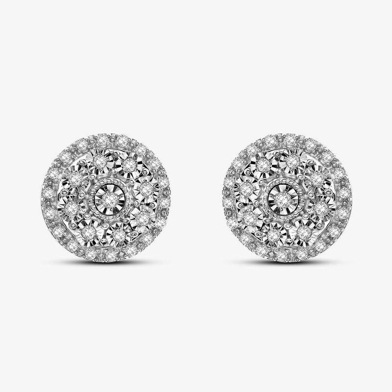 Bloom Stud Ohrringe, silberfarbene runde Fassung mit vielen funkelnden Steinen