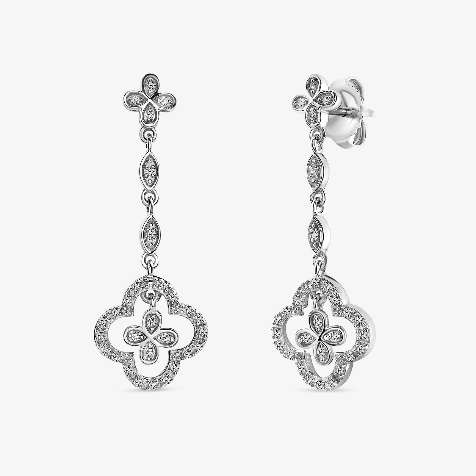 Silver 925 quatrefoil drop earrings, stud back with long linked oval stone drop
