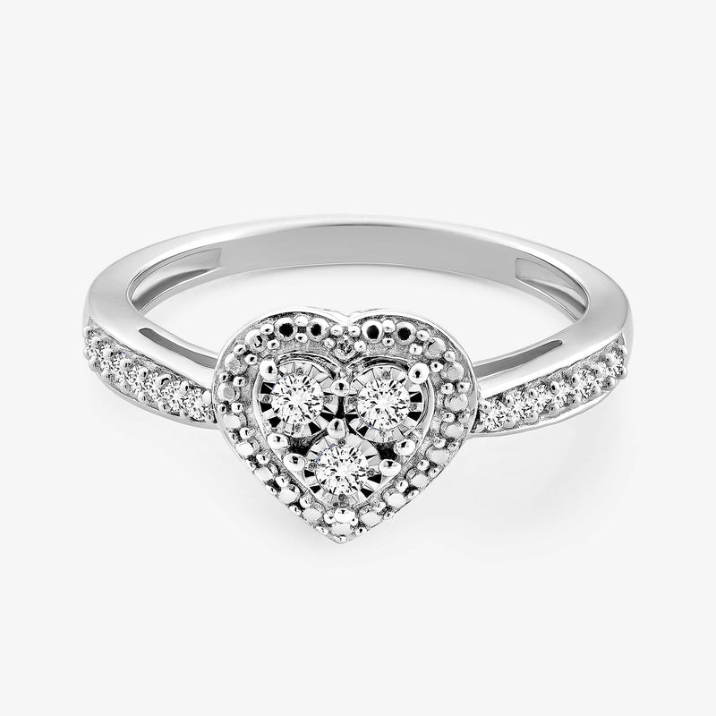 Heart halo ring with three round stones, pave side bands, silver tone