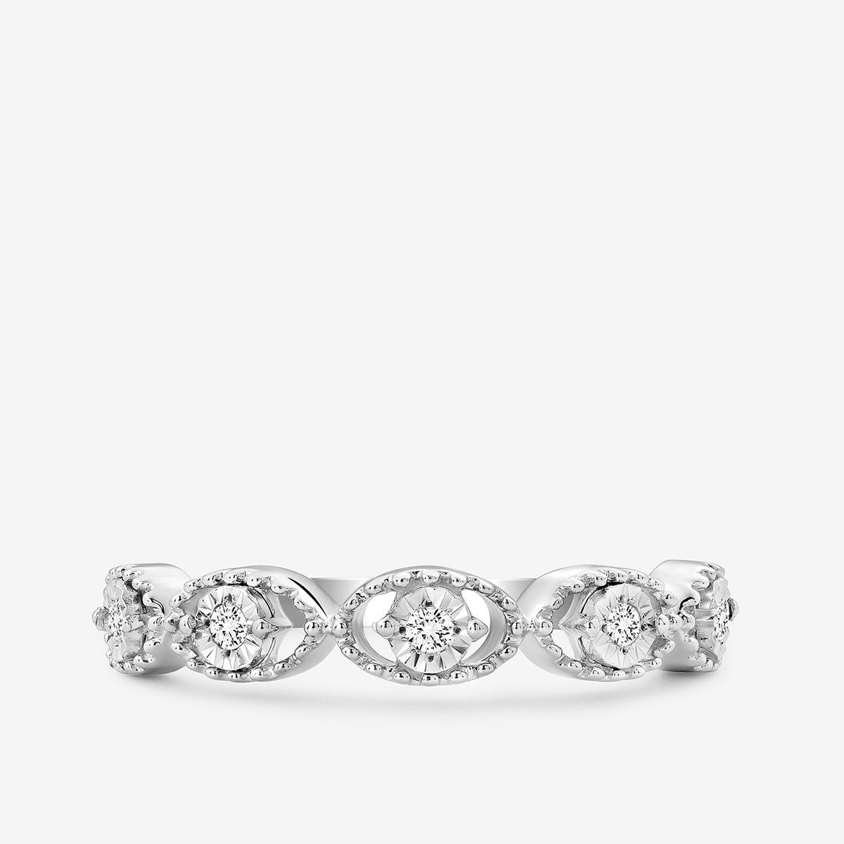 Keemti Jewels MARQUISE Link Band Ring with five round diamonds in marquise and circular patterns on silver.