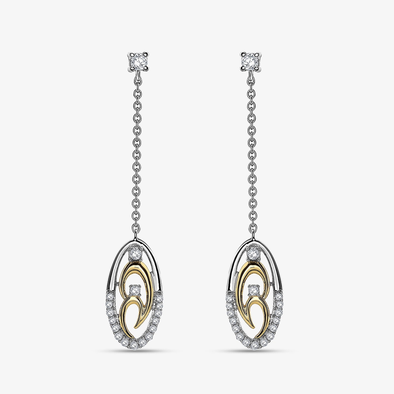 Two-tone chain drop earrings: long chain, oval pendant with gold inlay & pavé accents