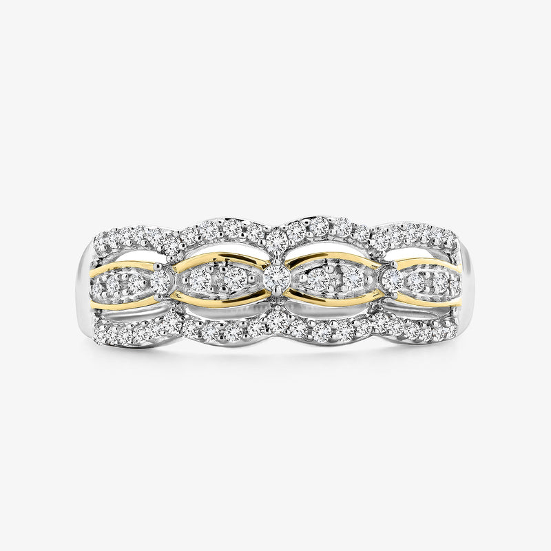 Two-tone interlinked band ring, silver 925 with gold accents and pavé stones