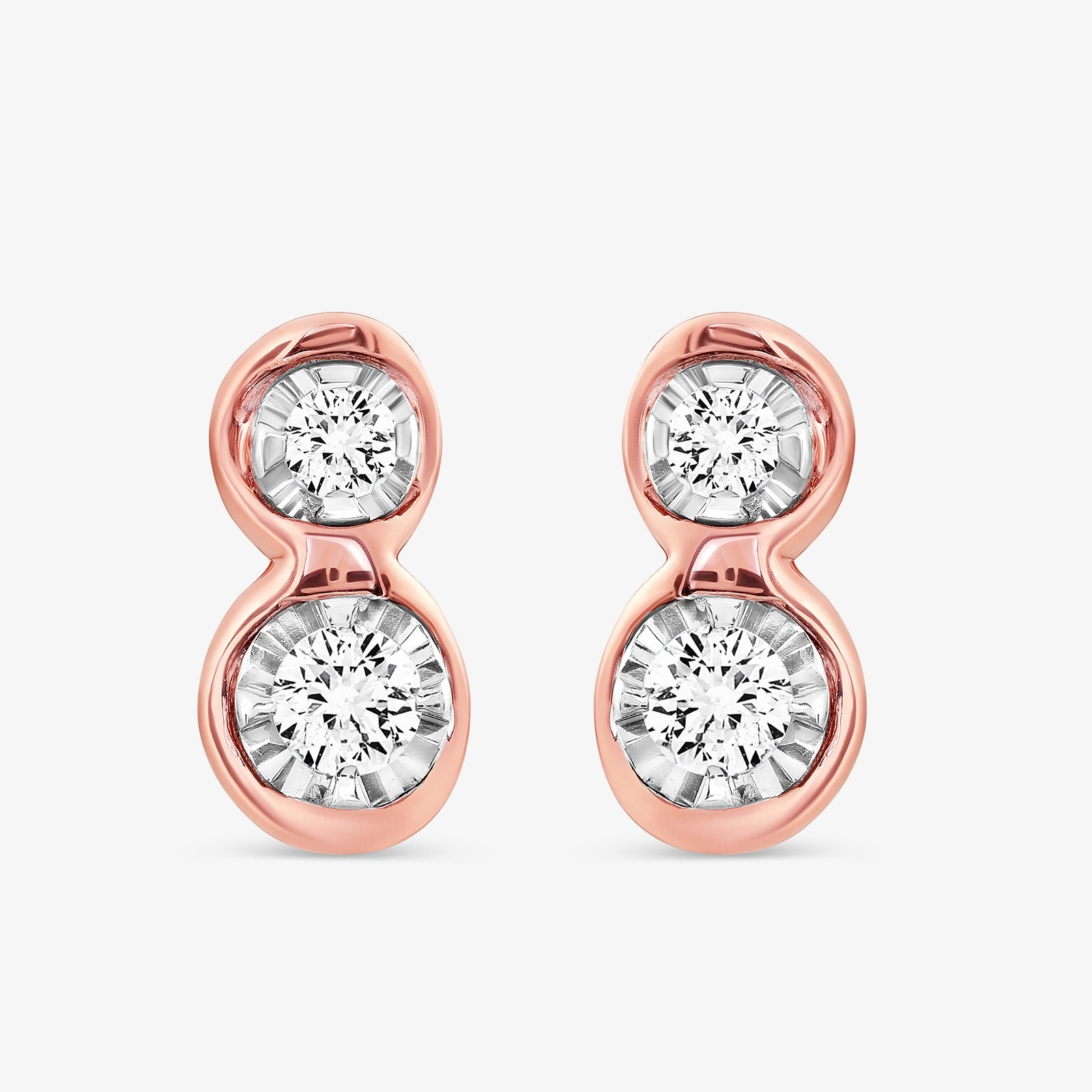 Rose-gold twin spark stud earrings with two round clear stones and silver-toned settings