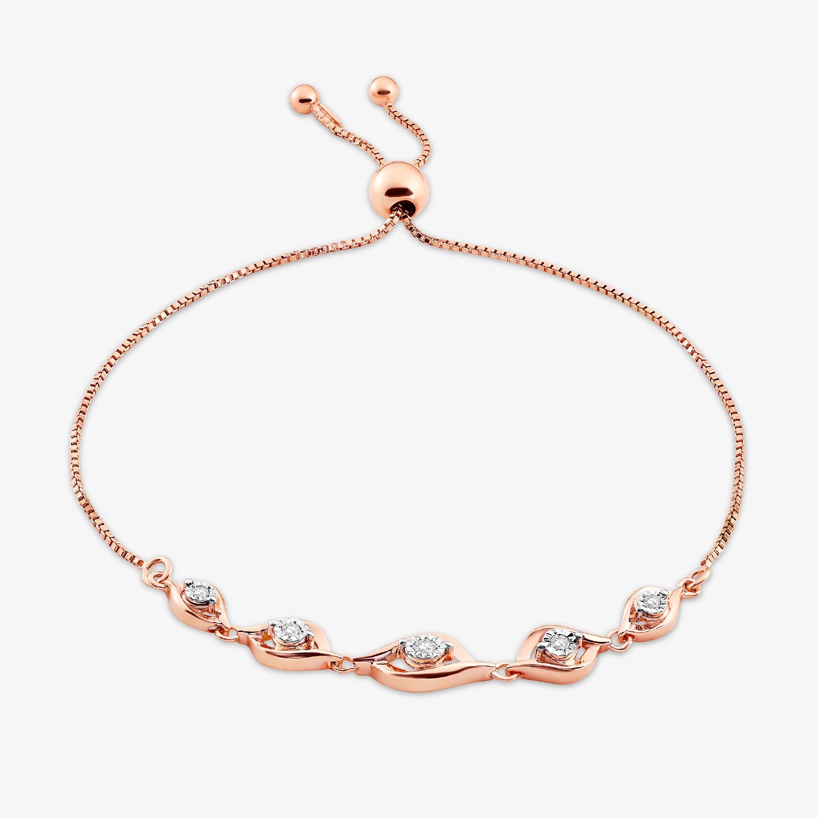 Rose gold leaf bolo bracelet with three oval pavé crystal stations and chain links