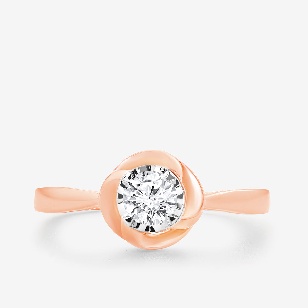 Keemti Jewels PROMISE Halo Solitaire Ring with twisted band and round brilliant diamond in rose gold.