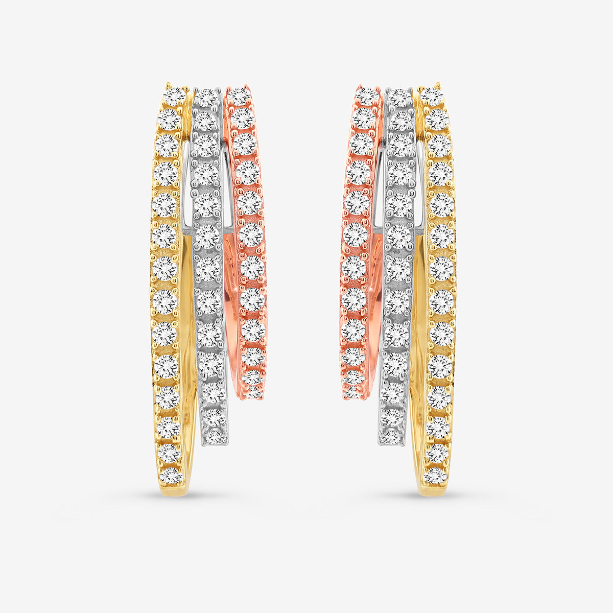 Keemti Jewels TRIPLE Cascade Hoop Earrings feature three-tone hoops with white stones—ideal for bridal jewelry.