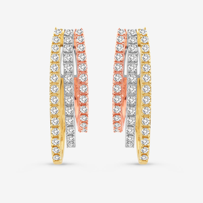 Keemti Jewels TRIPLE Cascade Hoop Earrings feature three-tone hoops with white stones—ideal for bridal jewelry.