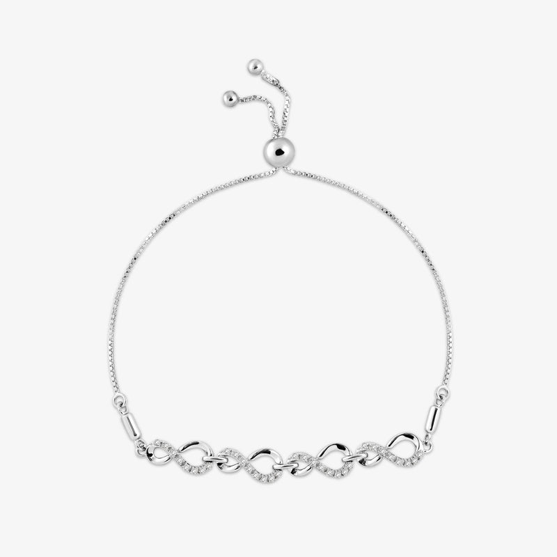 Infinity link bolo bracelet with round slider and small end loops; pave stone accents