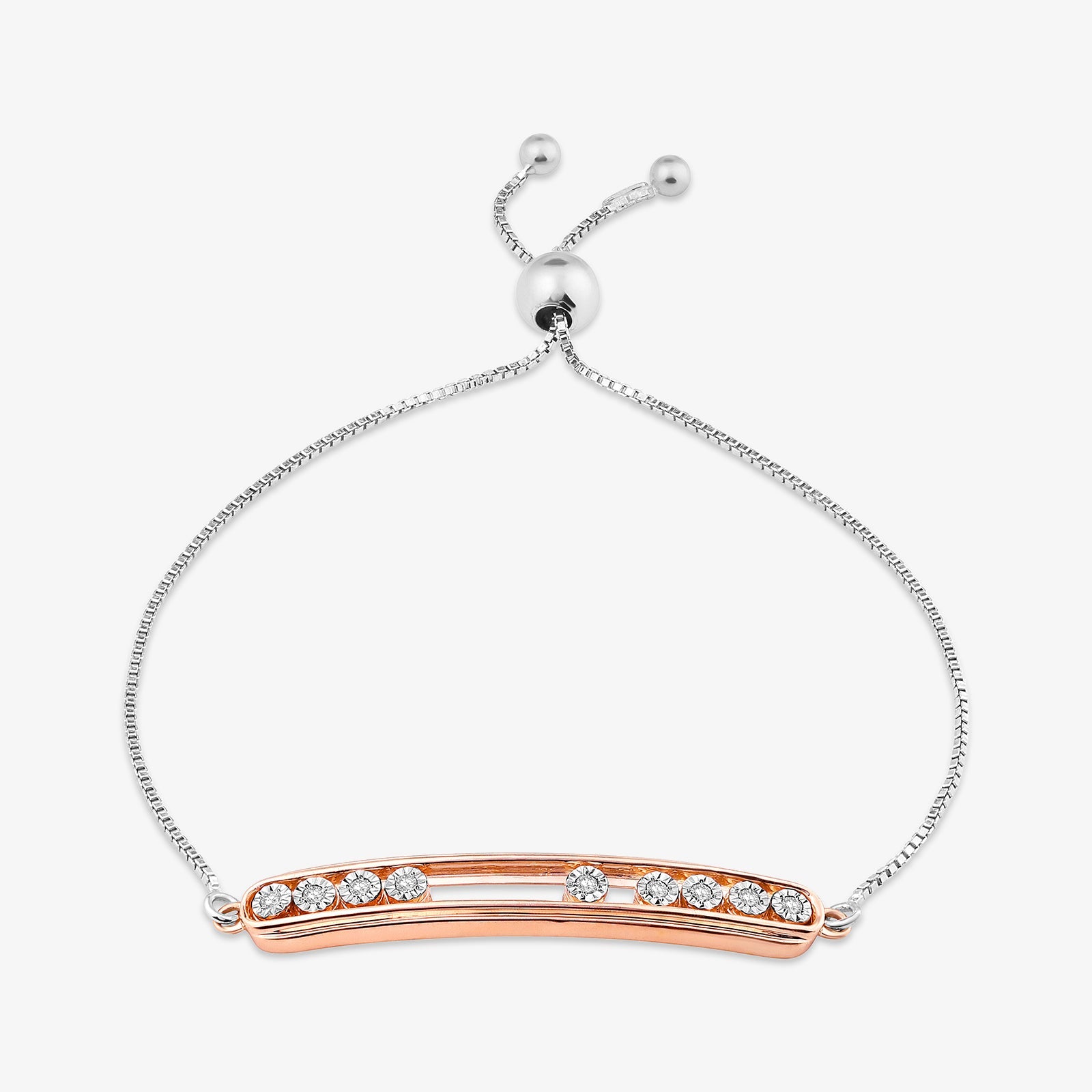 Spark Bolo bracelet: silver chain, rose-gold crystal bar with round stones