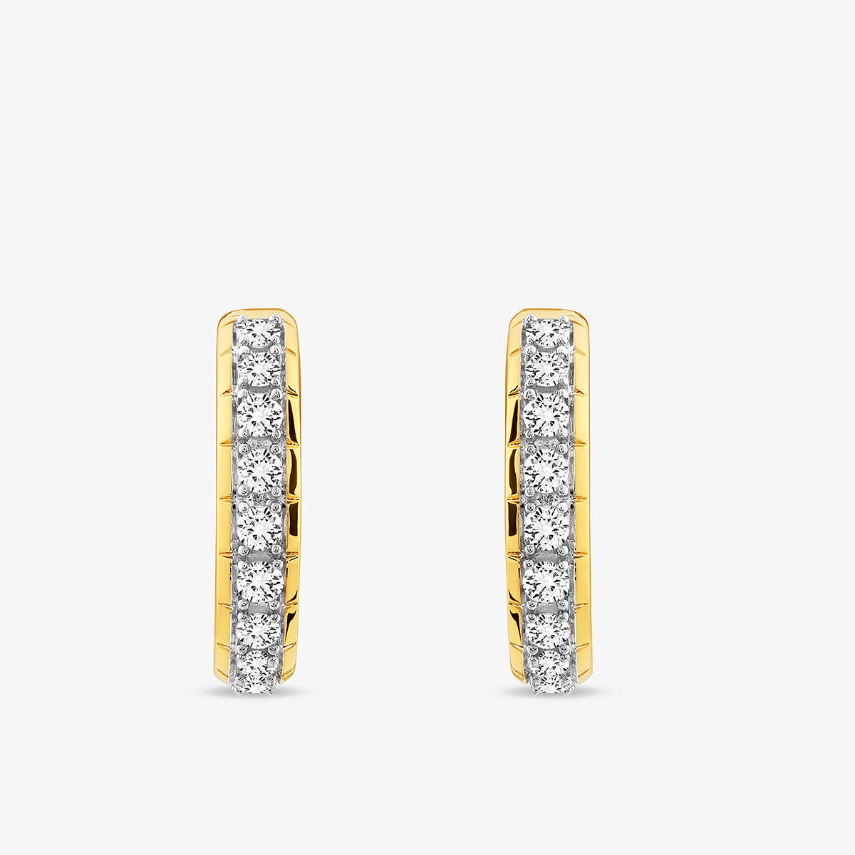 The CLASSIC Curve Hoop EARRINGS by Keemti Jewels are gold huggie hoops set with a row of sparkling round diamonds, shown upright on a plain white background.
