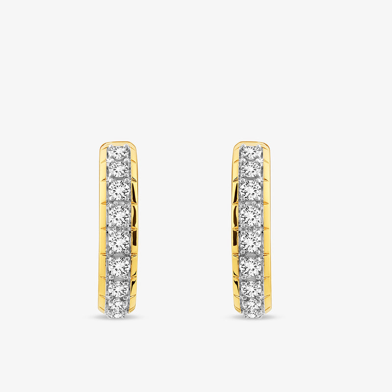 The CLASSIC Curve Hoop EARRINGS by Keemti Jewels are gold huggie hoops set with a row of sparkling round diamonds, shown upright on a plain white background.