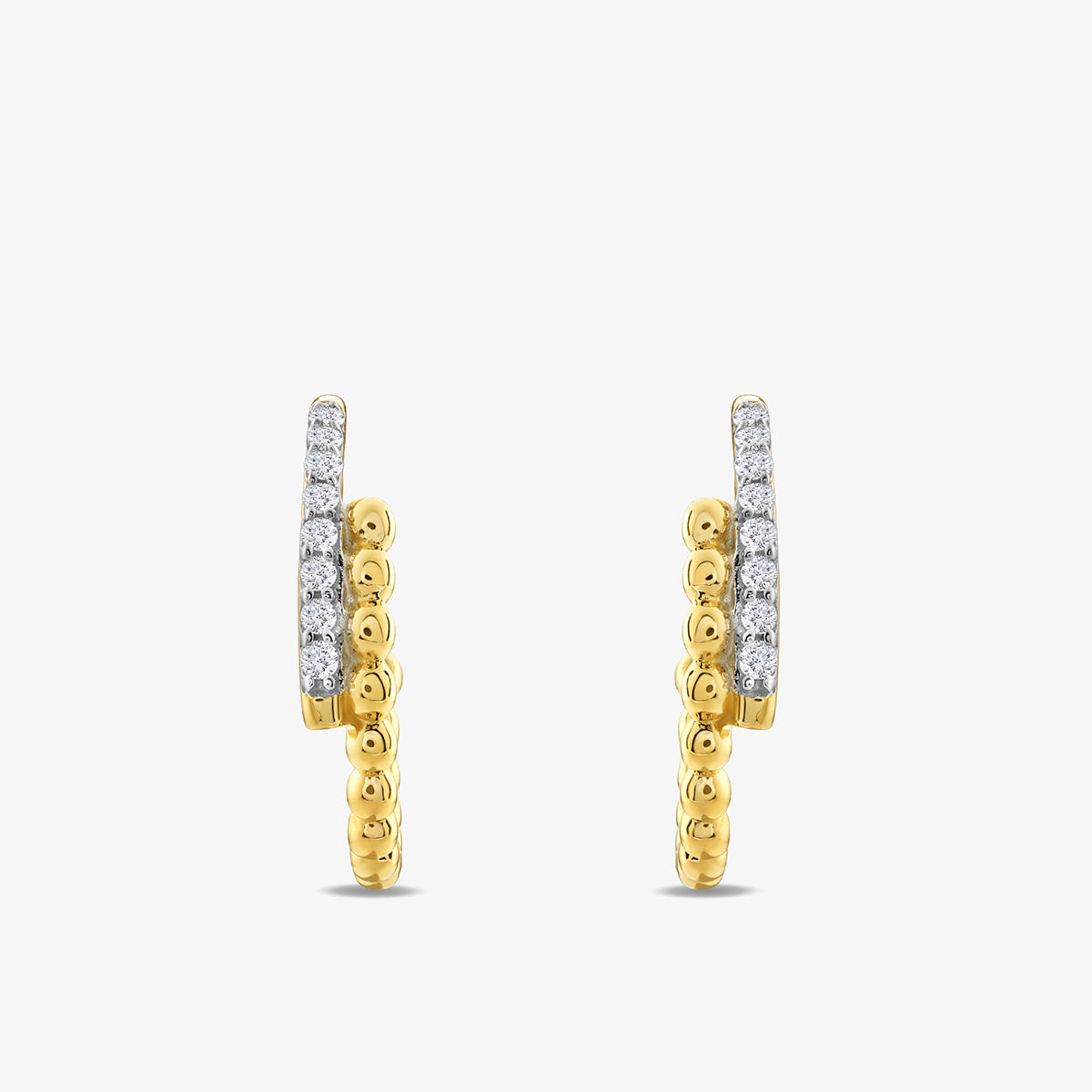 The SHIFT Bar Hoop Earrings by Keemti Jewels feature yellow-plated hoops with round diamonds set along the front and gold beads on the lower half, offering everyday elegance. Shown on a white background.