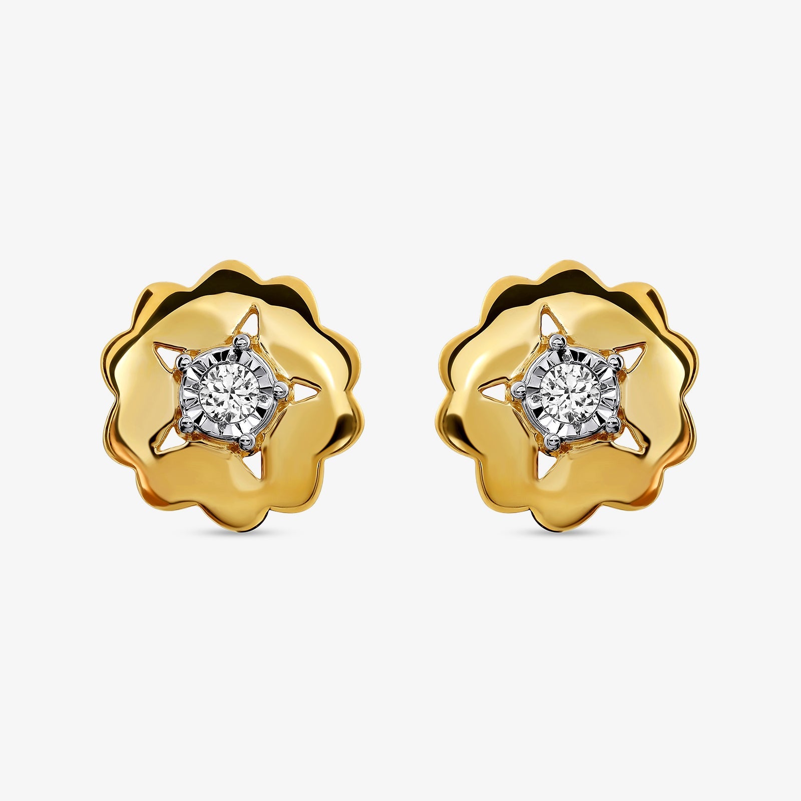 Pair of floral starburst stud earrings with round clear stones and gold-tone petals
