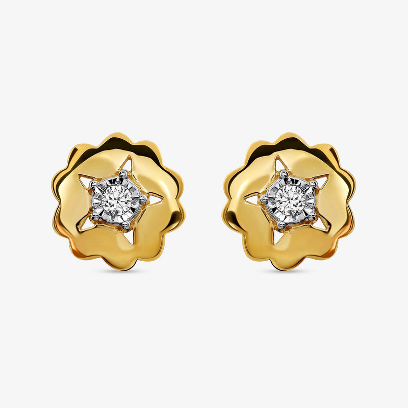 Pair of floral starburst stud earrings with round clear stones and gold-tone petals