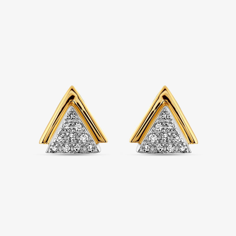 Set of dual-tone triangle spark stud earrings: gold trim over silver pavé triangle