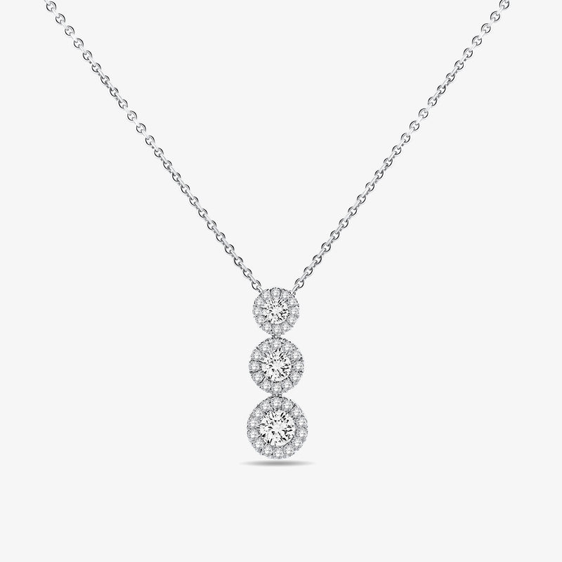 Silver 925 three-stone halo necklet: three round stones on fine link chain.