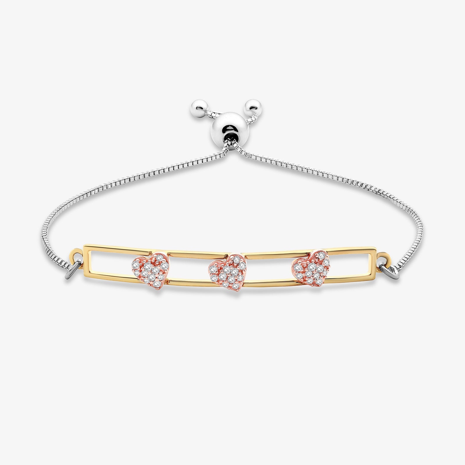 Bolo bracelet with gold bar and three heart pavé stones