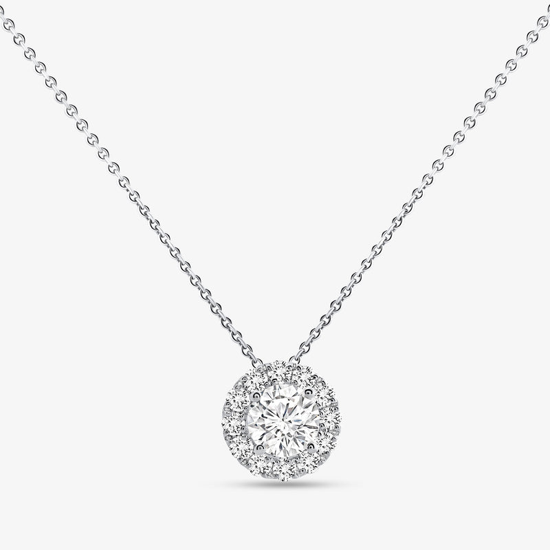 BLUSH Aura necklace with round halo pendant and small-cut stones, silver tone chain