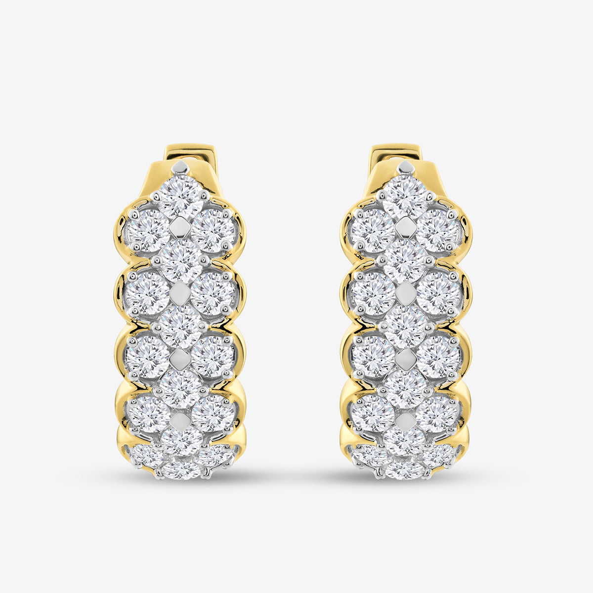 The CLASSIC Lattice Hoop EARRINGS by Keemti Jewels feature a modern silhouette with clusters of round white diamonds in a floral pattern, crafted in gold and displayed on a plain white background.