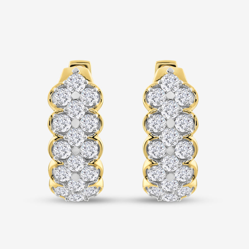 The CLASSIC Lattice Hoop EARRINGS by Keemti Jewels feature a modern silhouette with clusters of round white diamonds in a floral pattern, crafted in gold and displayed on a plain white background.
