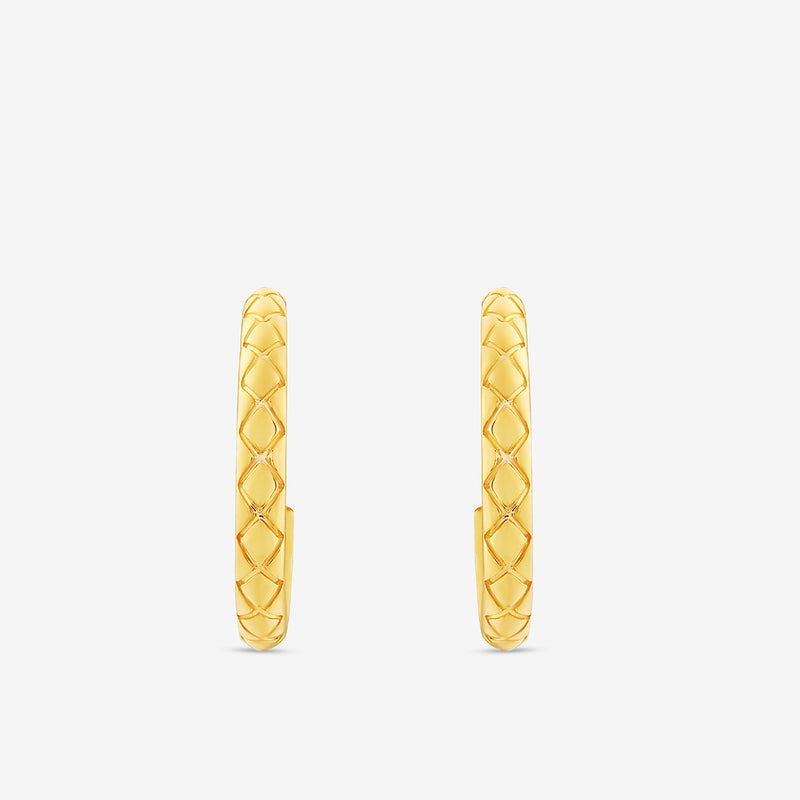 The AURA Light Hoop Earrings by Keemti Jewels feature a contoured design with a quilted lattice pattern, showcased against a plain white background.