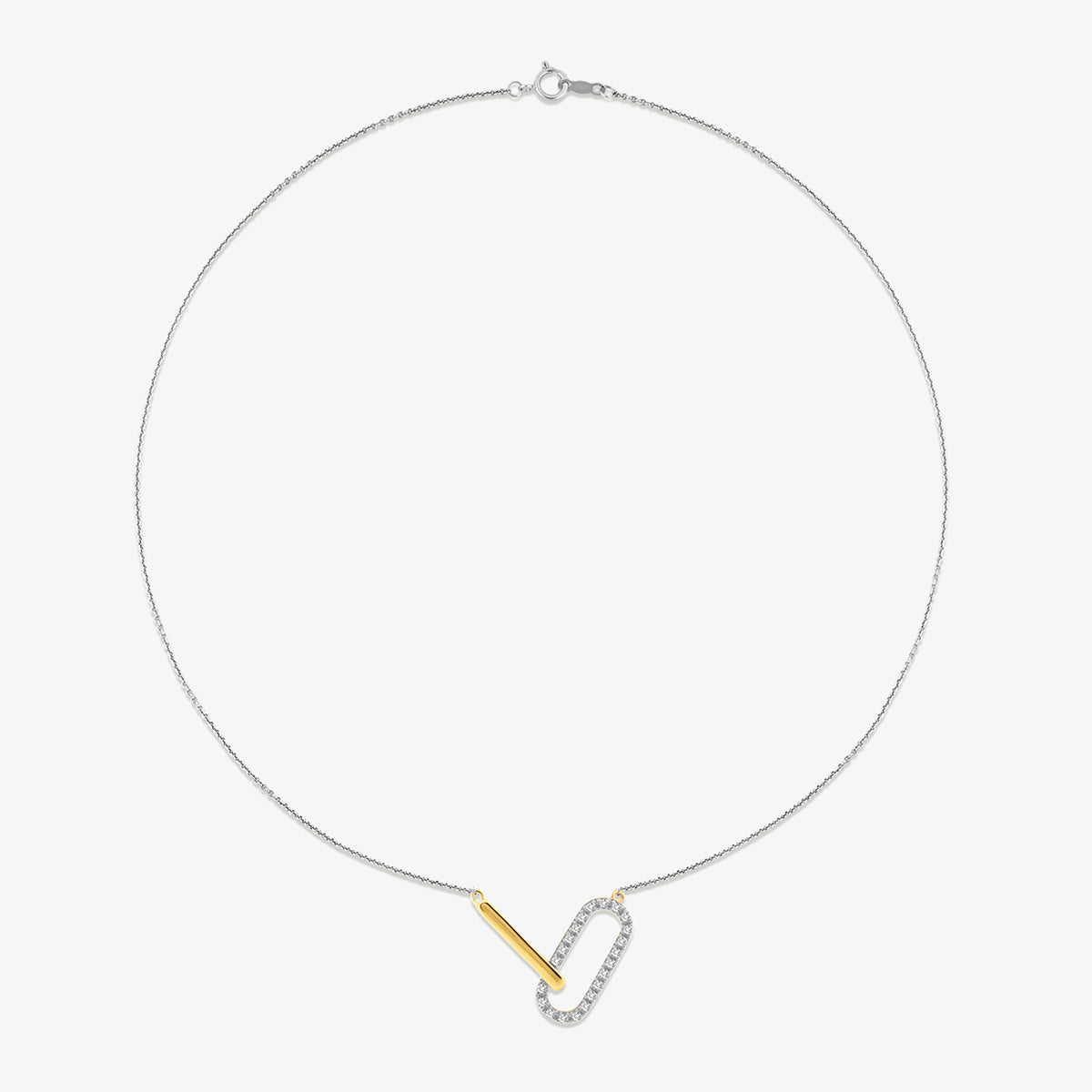 Keemti Jewels' CHIC Interlocking Link NECKLET features interlocked silver links, a gold bar, and a diamond oval.