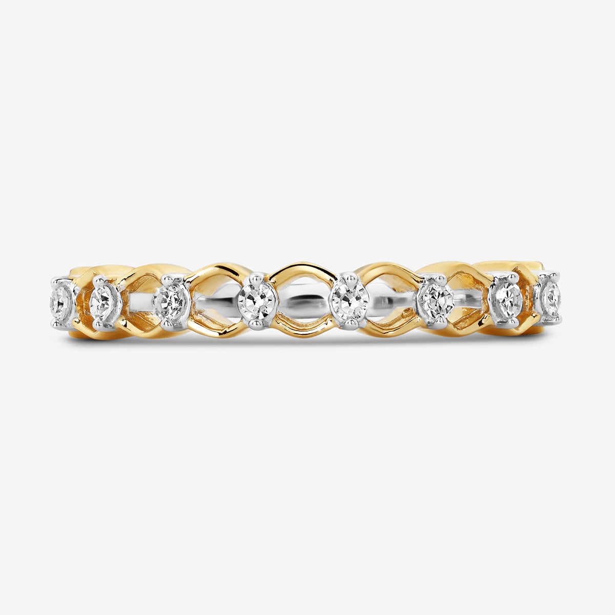 The CREST Twist Diamond RING by Keemti Jewels features an infinity design with sparkling white stones for timeless elegance.