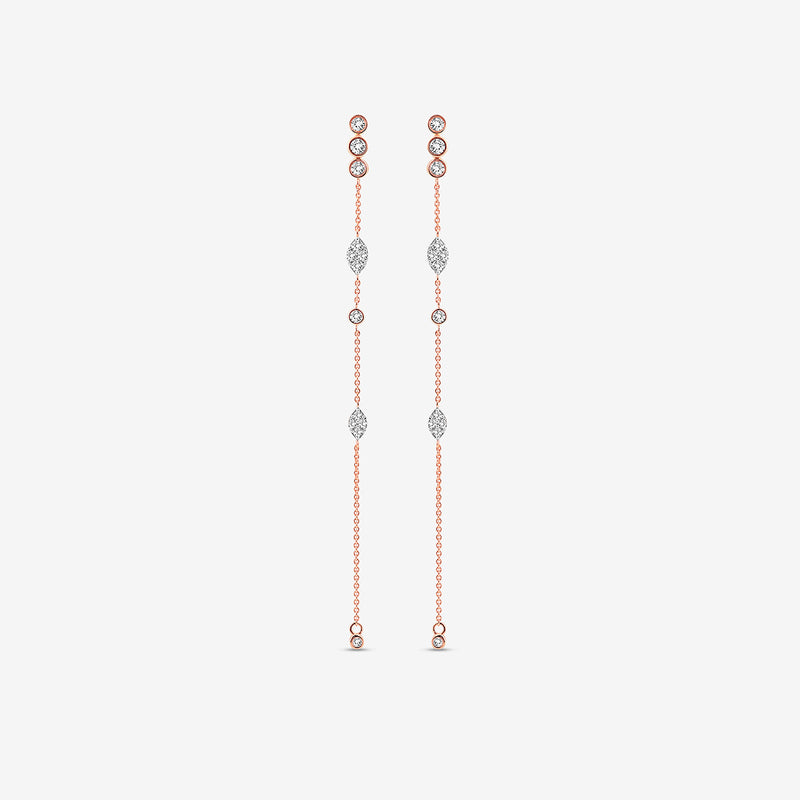 Keemti Jewels’ TWINKLE Glow Sui Dhaga Earrings: rose gold drops with bezel diamonds for everyday elegance.