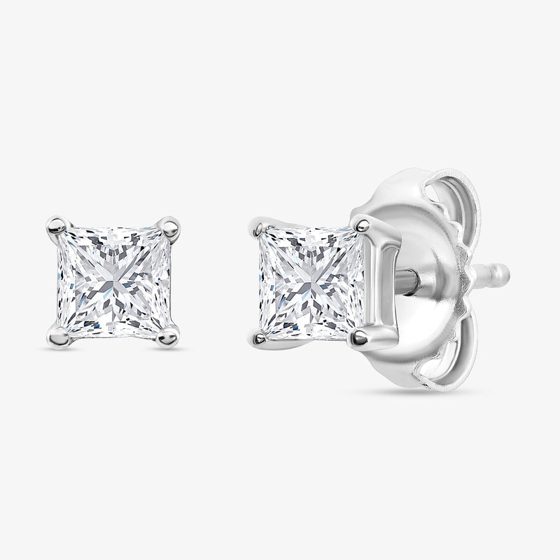 Square diamond stud earrings, 925 silver, 0.75 ct, side view with hinged back