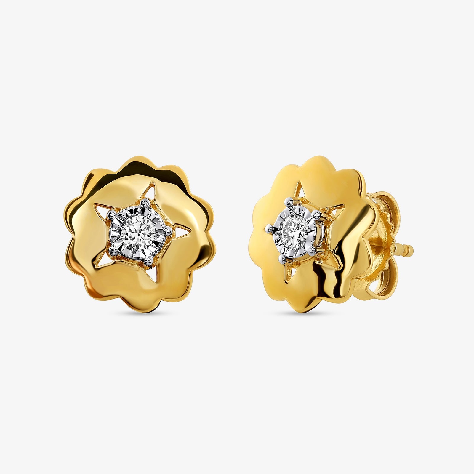 Gold floral starburst stud earrings with round clear stones, screw-back style