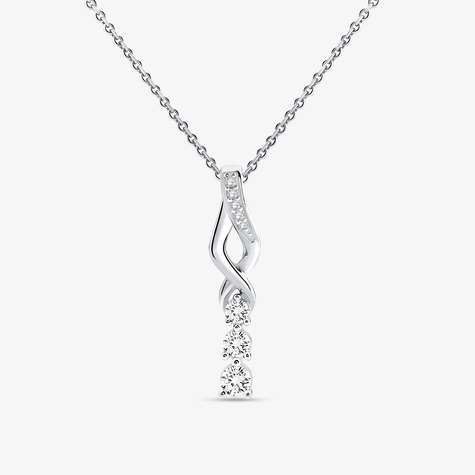 Silver-toned twirl drop necklace with three sparkling stones in a swirl pendant
