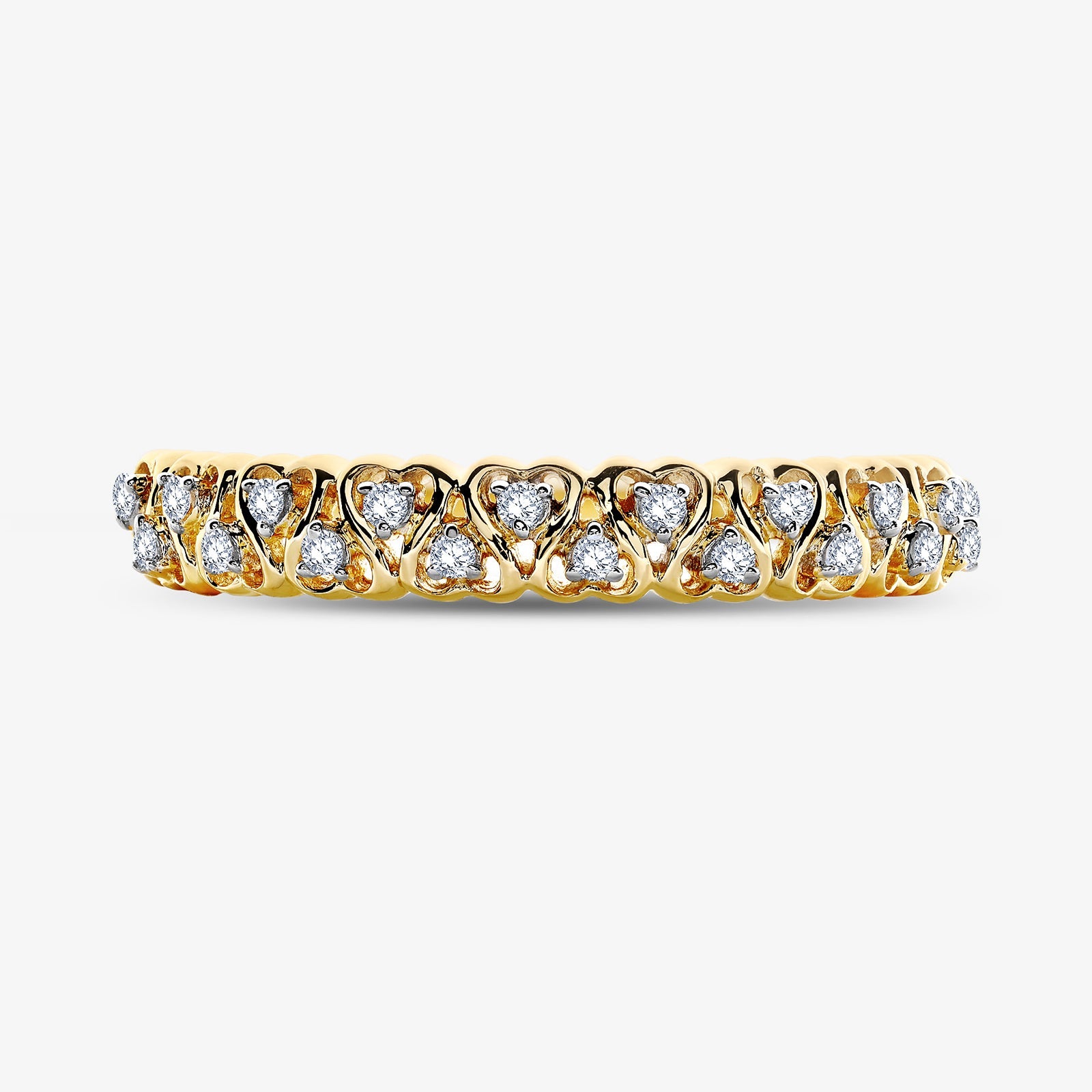 Zweilagiger Weave-Ring: gewölbte Bandform mit Reihen funkelnder Herz-Steine