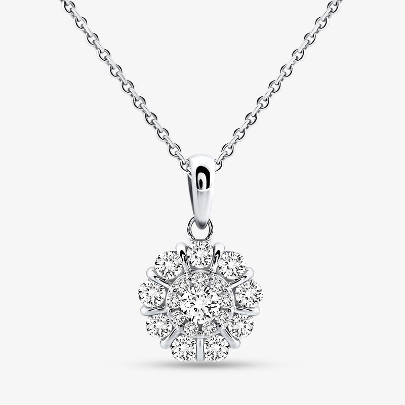 Daisy Glow Diamond necklace pendant: daisy-like cluster with central round stone, silver