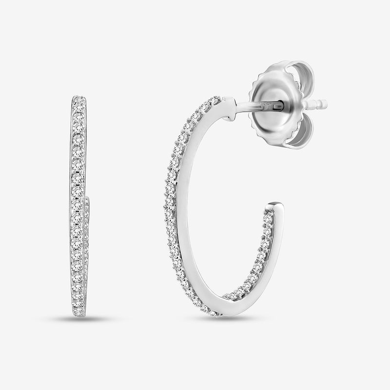 Silver 925 vermeil line hoop earring, textured pavé half-hoop with post back